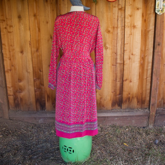 Vintage I. Magnin 100% Silk Fuchsia Long Sleeve Floral Boho Midi Dress Size L - Picture 12 of 17